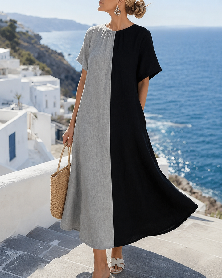 Amory | Langes, lässiges Kleid mit Rundhalsausschnitt und kontrastierenden Farben