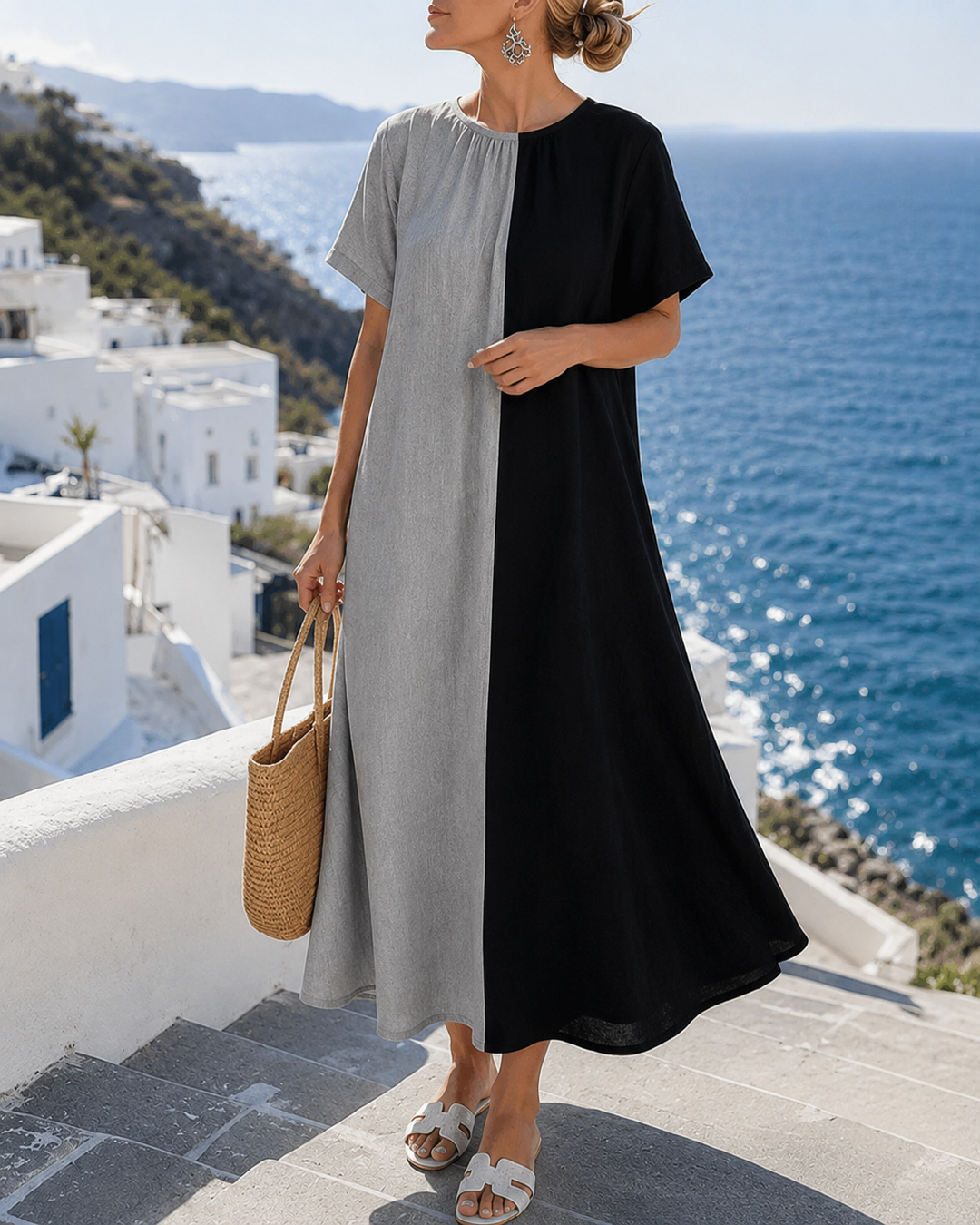 Amory | Langes, lässiges Kleid mit Rundhalsausschnitt und kontrastierenden Farben