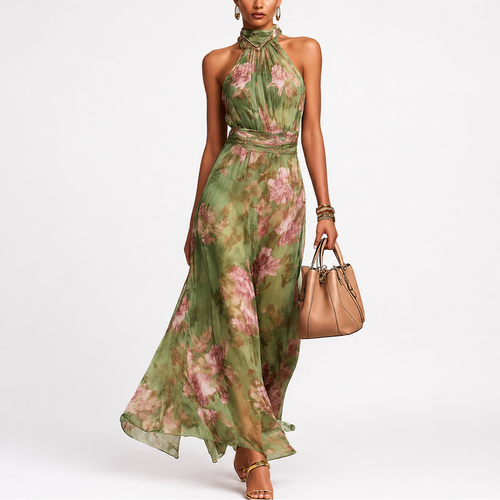 Aria | Langes Floral-Halterkleid aus Chiffon in Grün