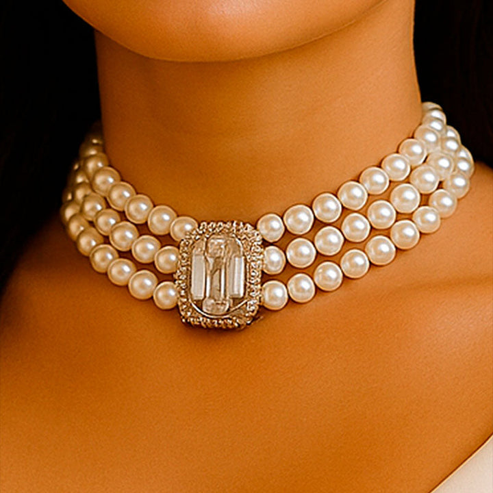 Maxine | Dreireihiger Perlen-Choker mit Kristall