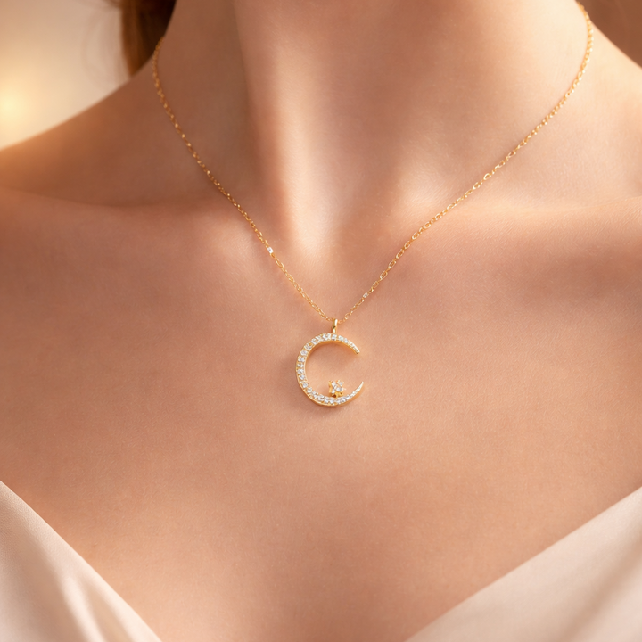 Seluné | Mond und Stern Kristall-Anhänger Halskette