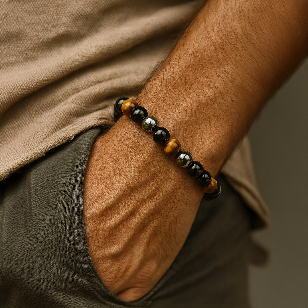 Caryra | Armband "3 Schutz" aus Tigerauge, Hämatit und schwarzer Obsidian