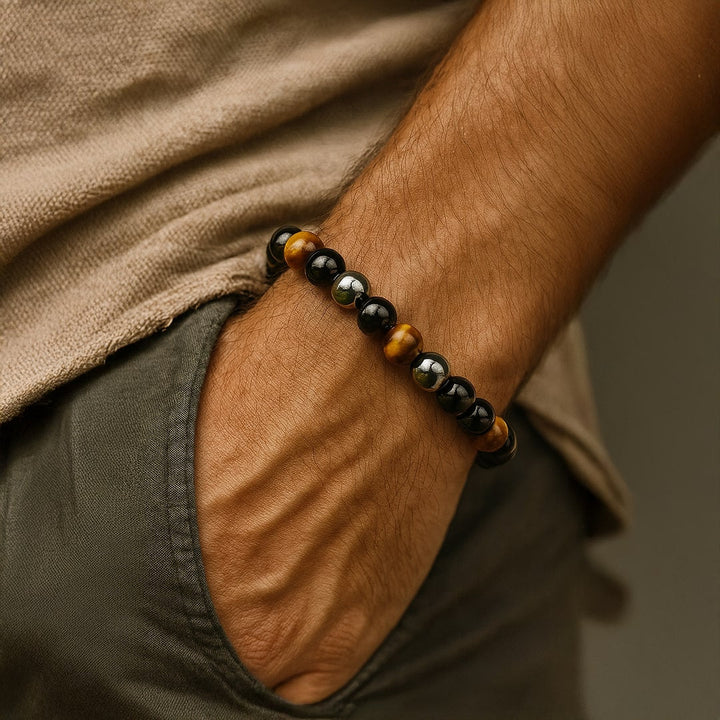 Caryra | Armband "3 Schutz" aus Tigerauge, Hämatit und schwarzer Obsidian