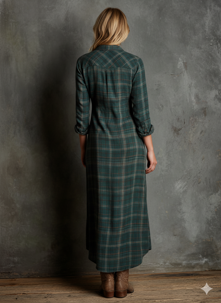 Blayra | Maxikleid aus kariertem Hemdenstoff mit Revers für Frauen