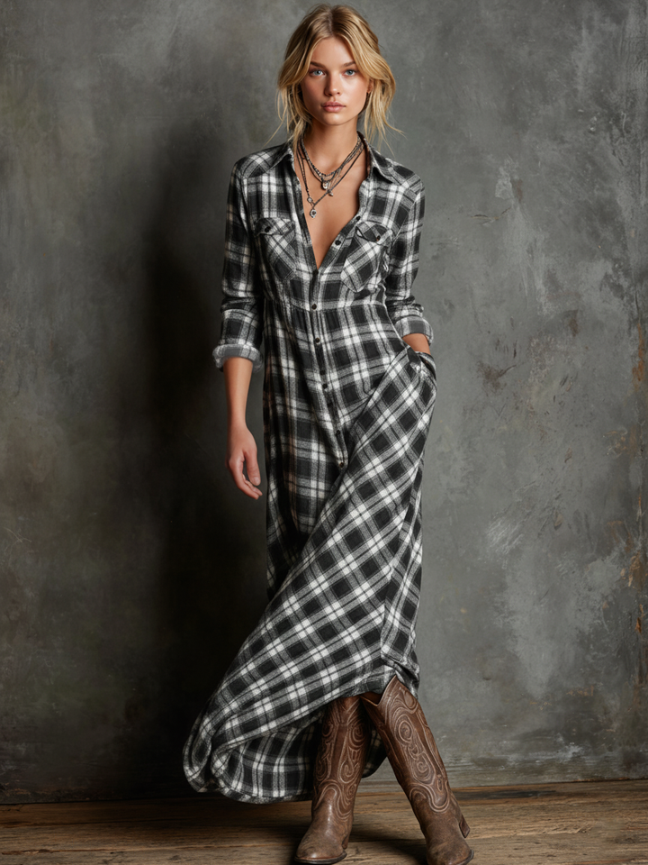 Blayra | Maxikleid aus kariertem Hemdenstoff mit Revers für Frauen