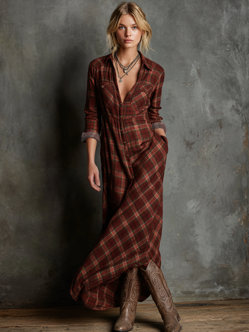 Blayra | Maxikleid aus kariertem Hemdenstoff mit Revers für Frauen