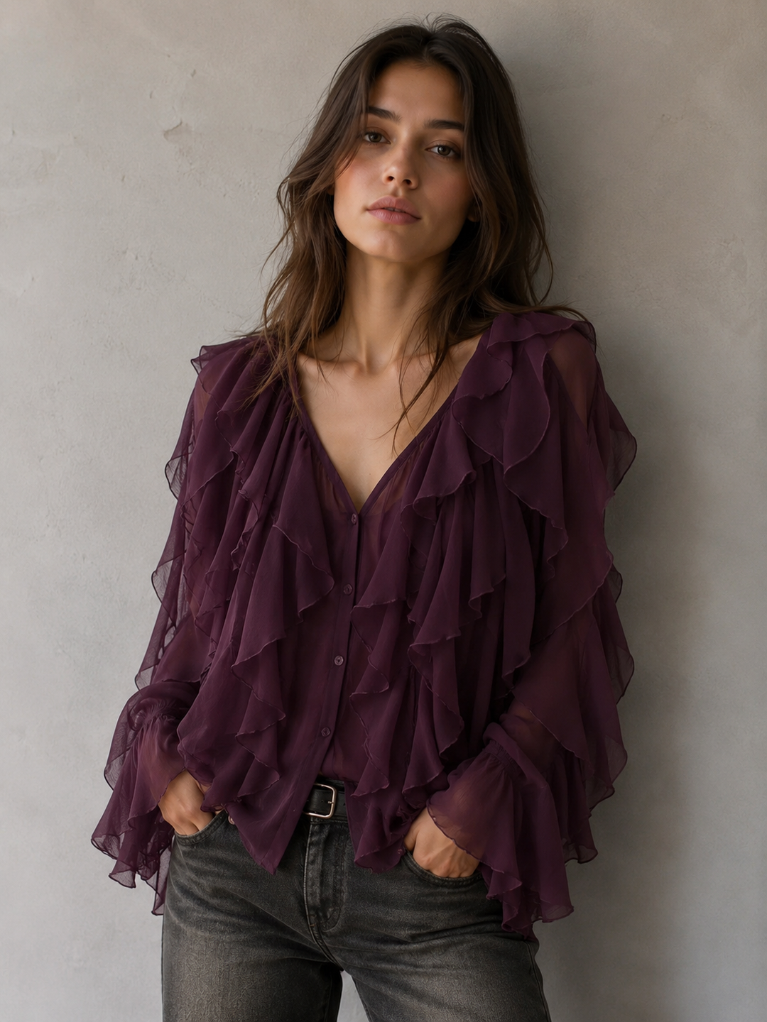 Hensira | Romantische Lila Rüschen Feminine Bluse