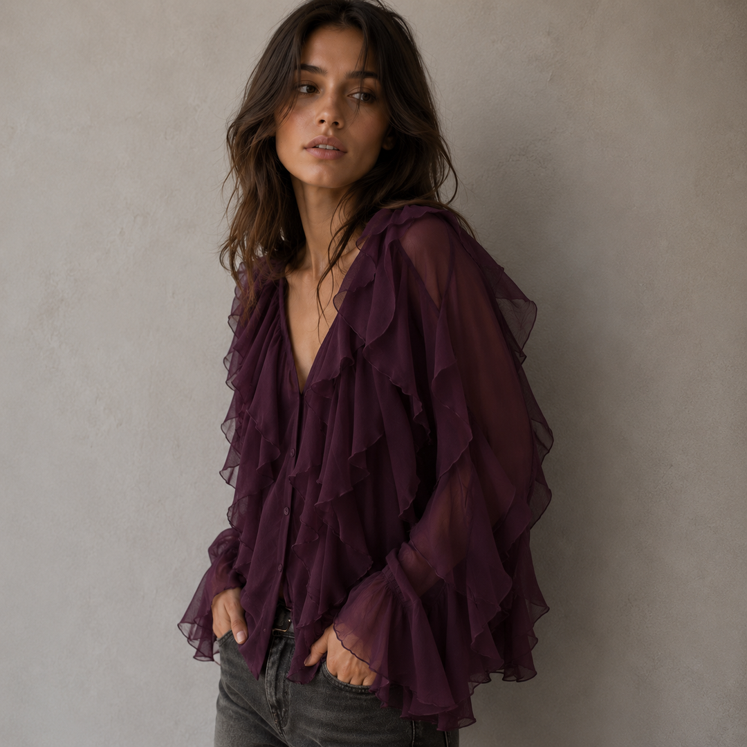 Hensira | Romantische Lila Rüschen Feminine Bluse