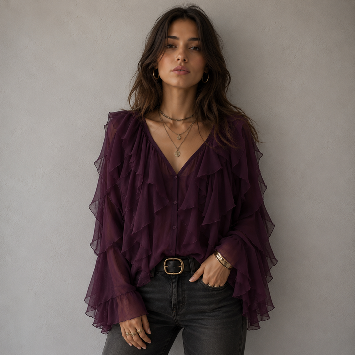 Hensira | Romantische Lila Rüschen Feminine Bluse