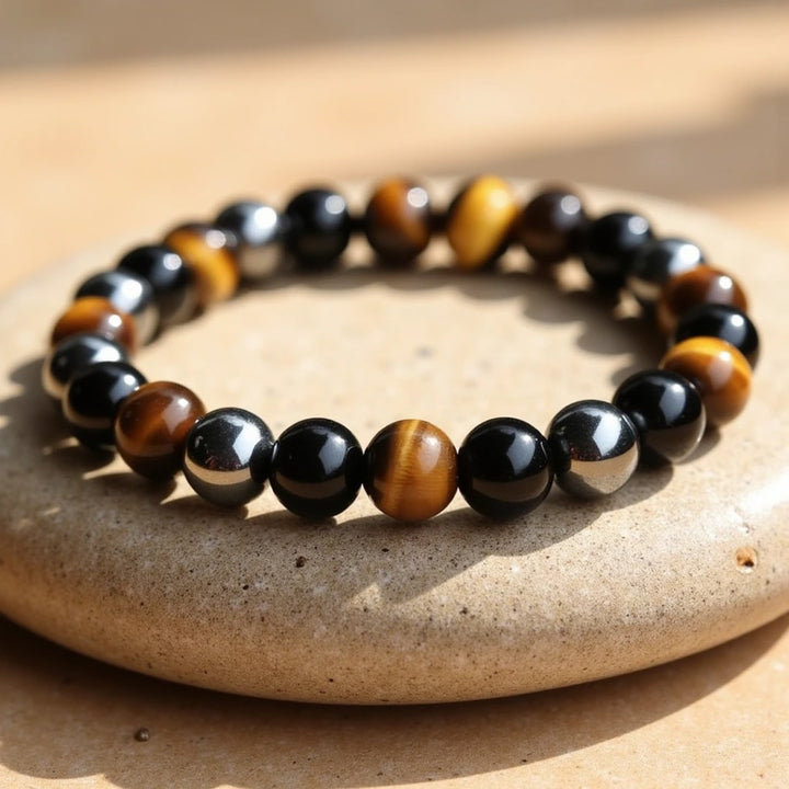 Caryra | Armband "3 Schutz" aus Tigerauge, Hämatit und schwarzer Obsidian