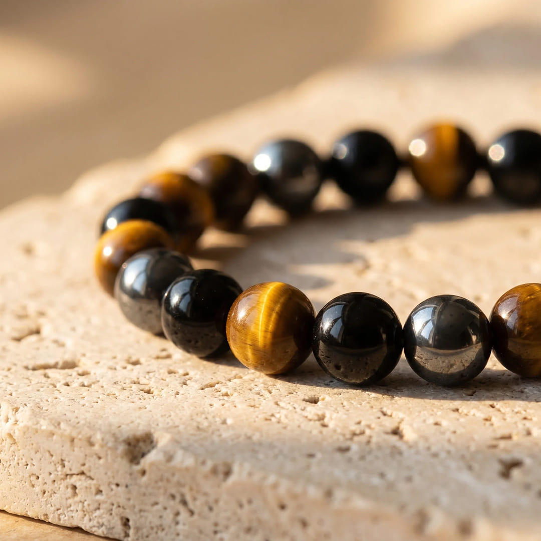 Caryra | Armband "3 Schutz" aus Tigerauge, Hämatit und schwarzer Obsidian