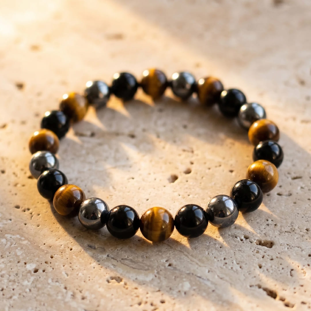 Caryra | Armband "3 Schutz" aus Tigerauge, Hämatit und schwarzer Obsidian
