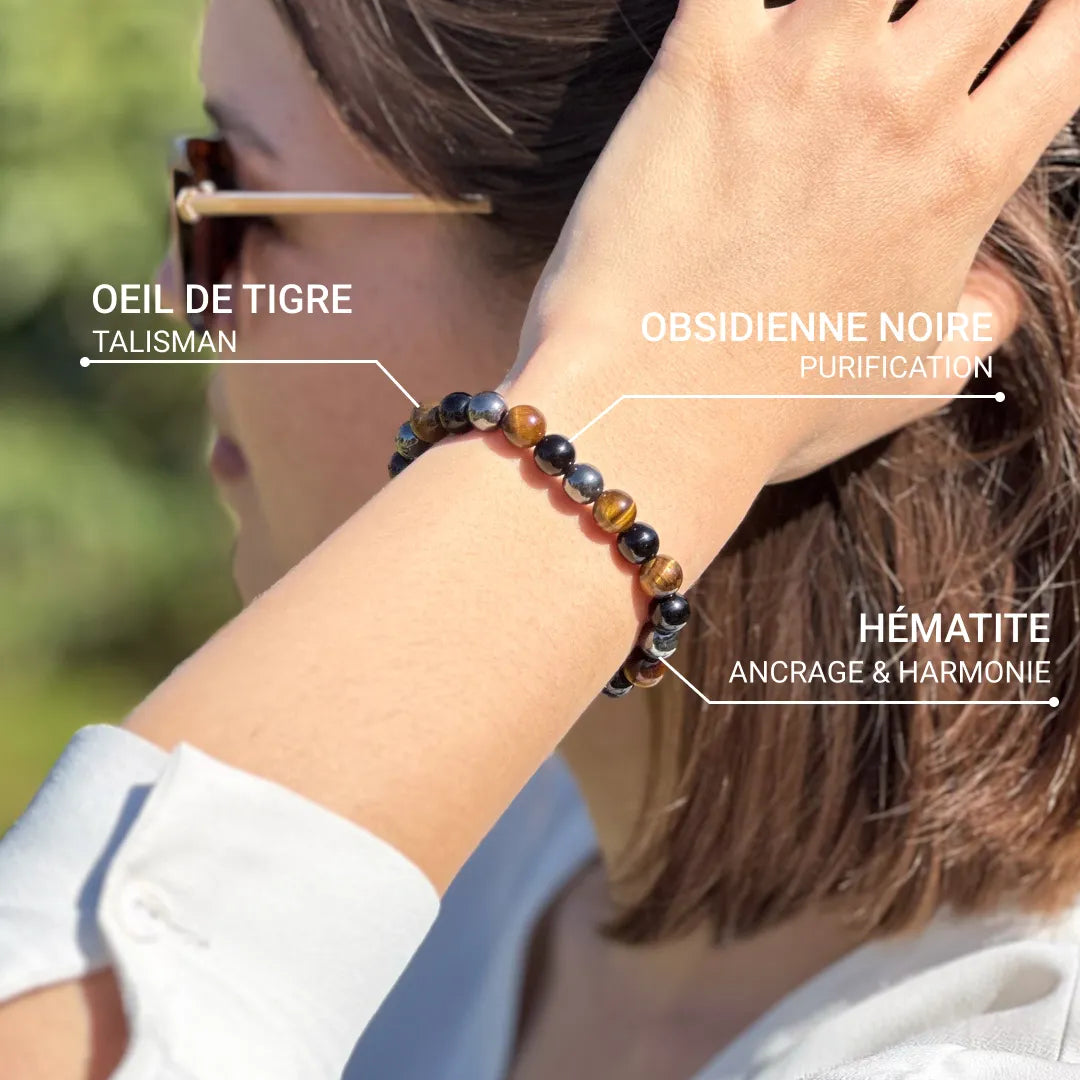 Caryra | Armband "3 Schutz" aus Tigerauge, Hämatit und schwarzer Obsidian
