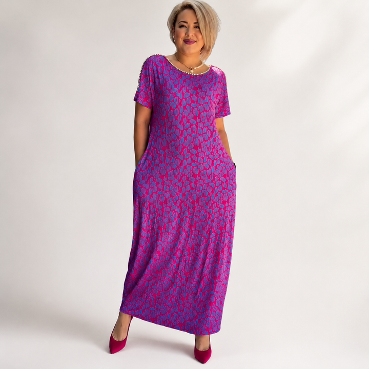 Leni | Rosa und lila Kleid mit floralem Muster und Diamant-Ausschnitt