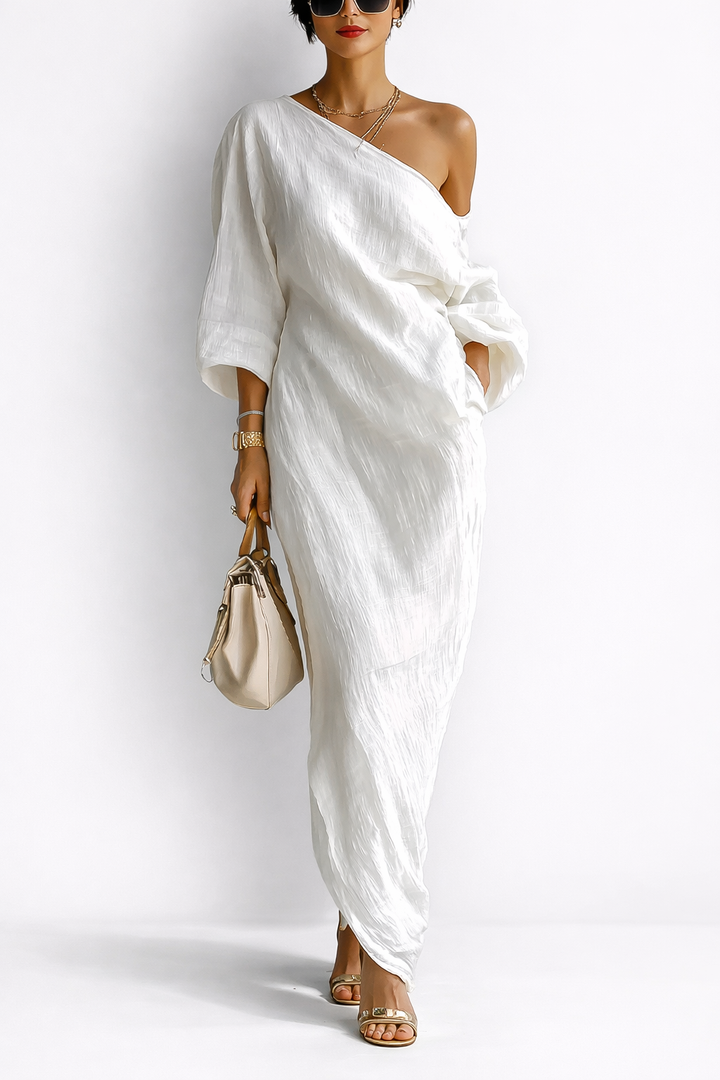 Linoretta | Asymmetrisches Ein-Schulter Elfenbein-Maxikleid