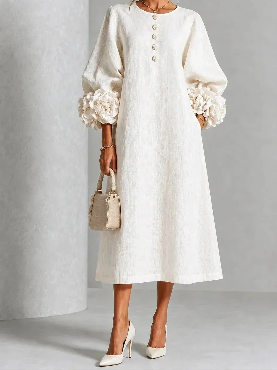 India | Midi-Blumenkleid mit Puffärmeln