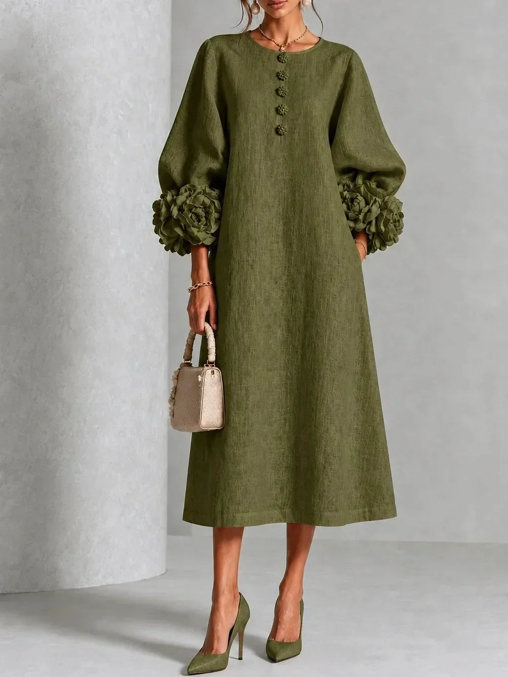 India | Midi-Blumenkleid mit Puffärmeln