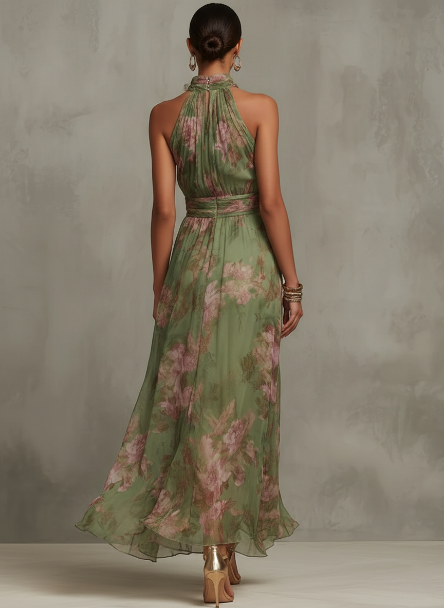 Aria | Langes Floral-Halterkleid aus Chiffon in Grün