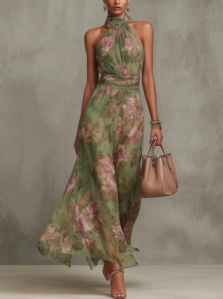 Aria | Langes Floral-Halterkleid aus Chiffon in Grün