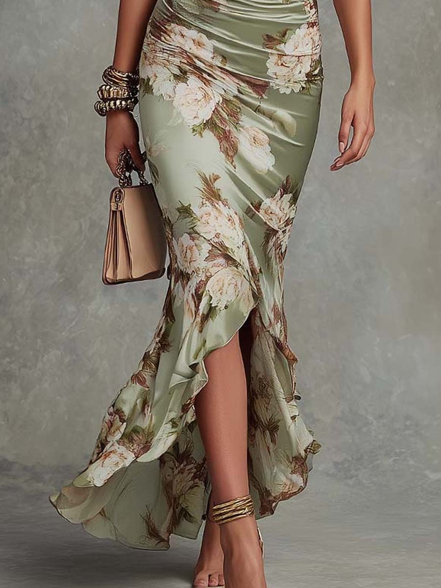 Virae | Midikleid aus Satin mit floralem Muster und V-Ausschnitt