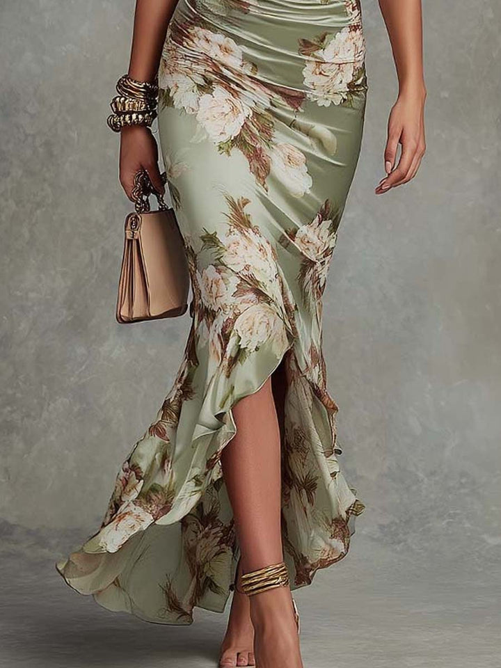 Virae | Midikleid aus Satin mit floralem Muster und V-Ausschnitt