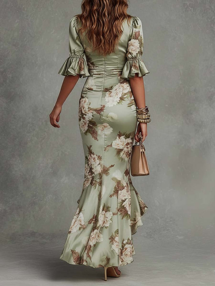 Virae | Midikleid aus Satin mit floralem Muster und V-Ausschnitt