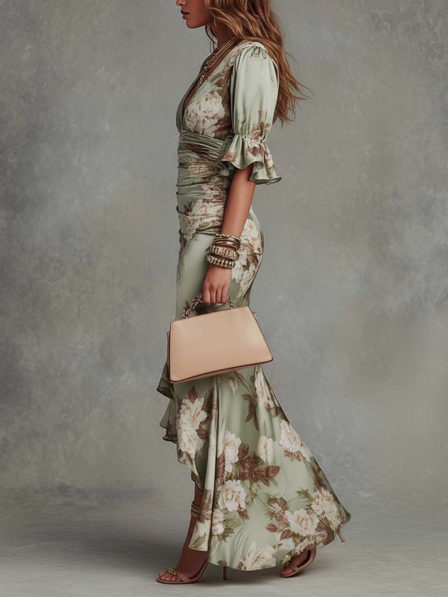 Virae | Midikleid aus Satin mit floralem Muster und V-Ausschnitt