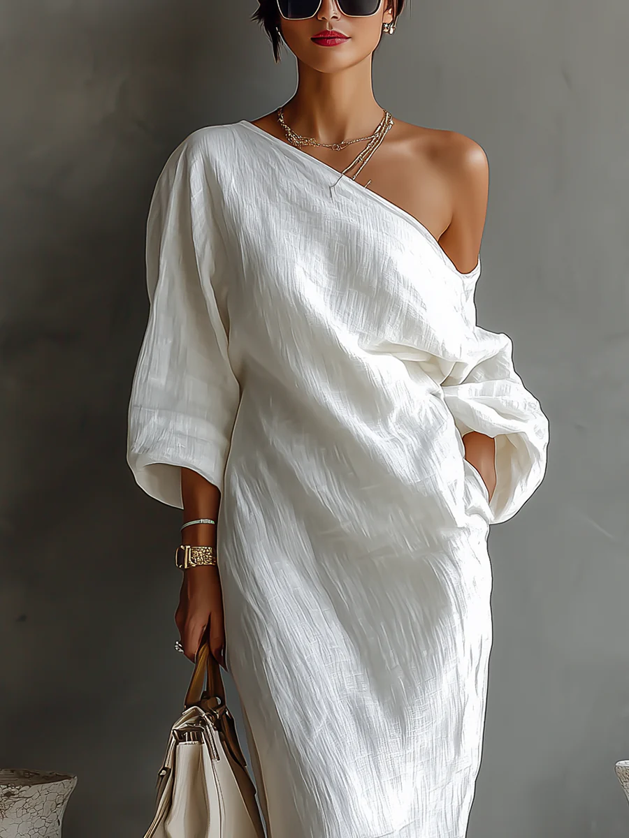 Linoretta | Asymmetrisches Ein-Schulter Elfenbein-Maxikleid