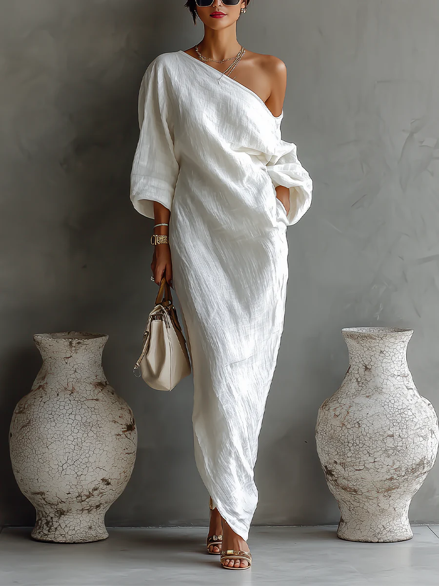 Linoretta | Asymmetrisches Ein-Schulter Elfenbein-Maxikleid