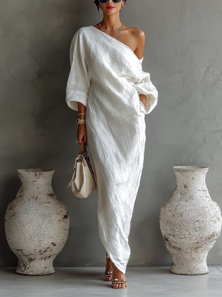 Linoretta | Asymmetrisches Ein-Schulter Elfenbein-Maxikleid