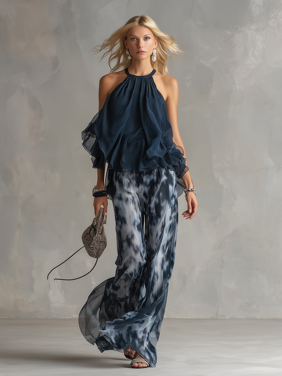 Isolde | elegante Chiffon-Bluse mit hohem Kragen und bedruckten weiten Hosen