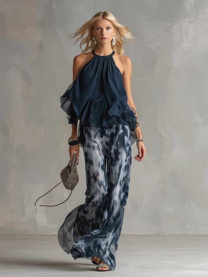 Isolde | elegante Chiffon-Bluse mit hohem Kragen und bedruckten weiten Hosen