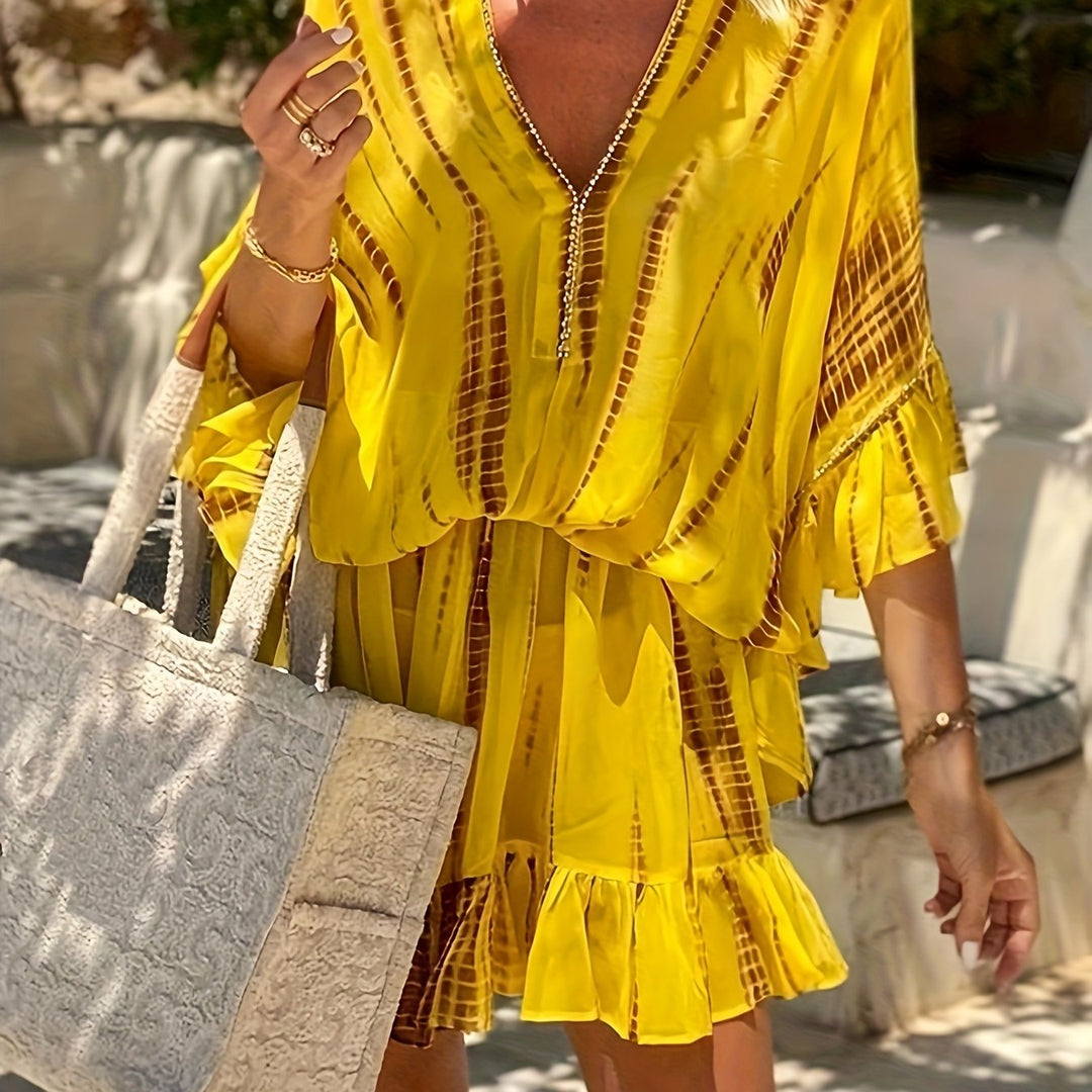 Ainsley | Lockeres Chiffonkleid mit Fledermausärmeln und Strassmuster in V-Form für Frauen