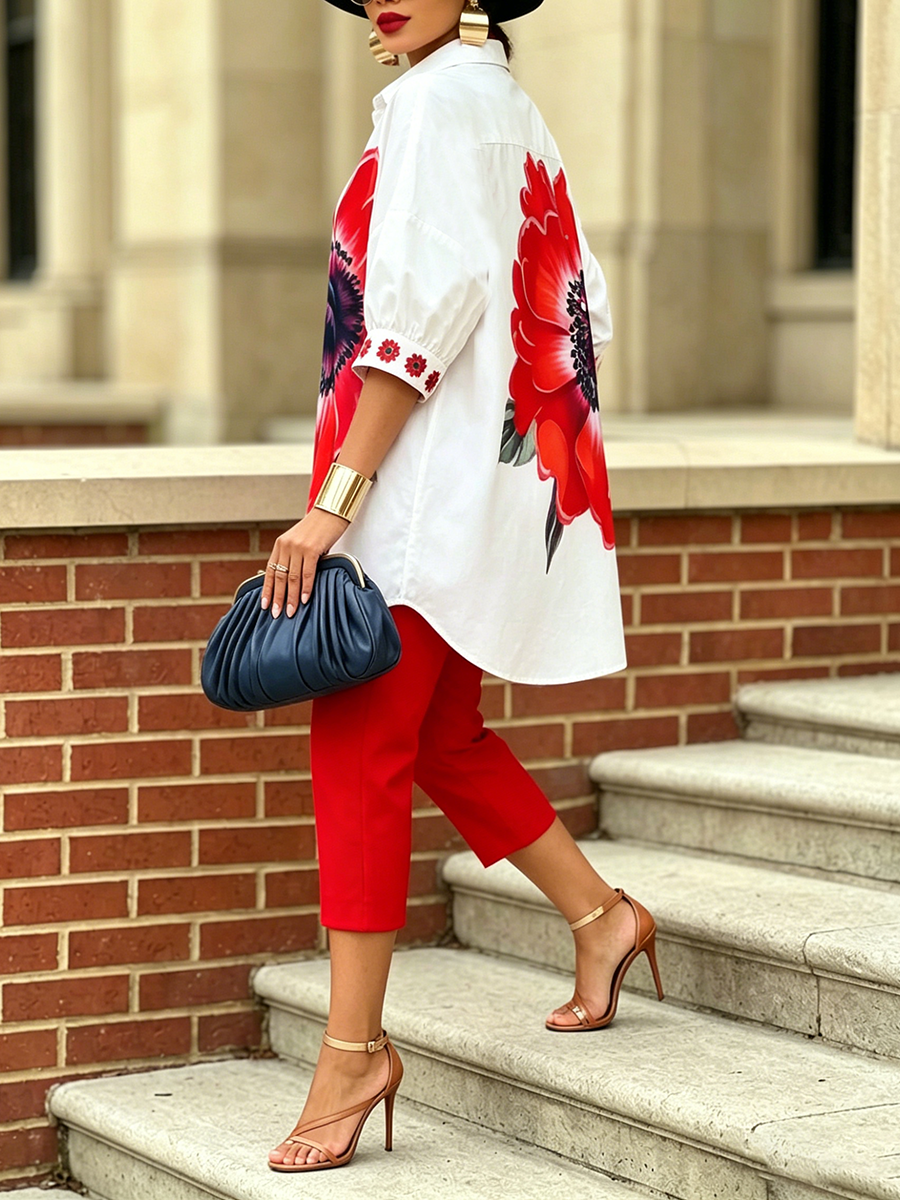 Dellira | Künstlerisches und stilvolles Zweiteiler-Set mit Bluse und Blumenhose