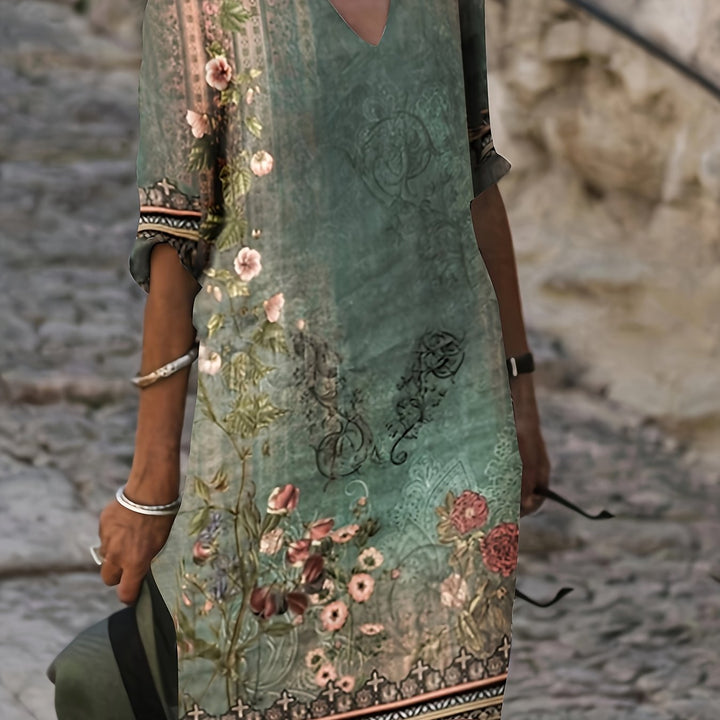 Ariella | Vintage V-Neck Dress with 3/4 Sleeve and Relaxed Fit