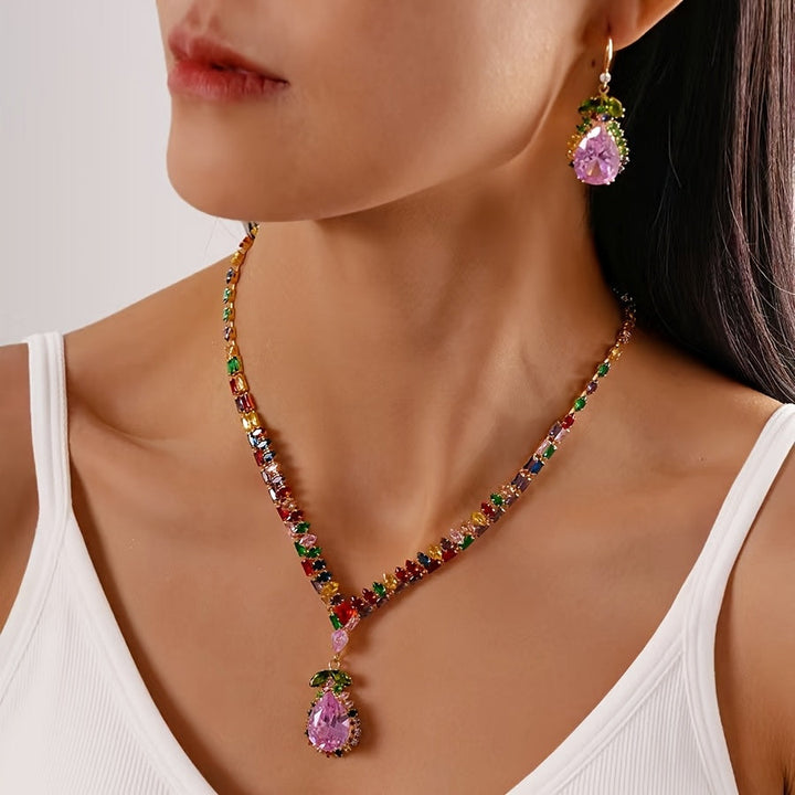 Quothex | Set aus Halskette und Ohrringen mit eleganten, mehrfarbigen Tropfen-Design