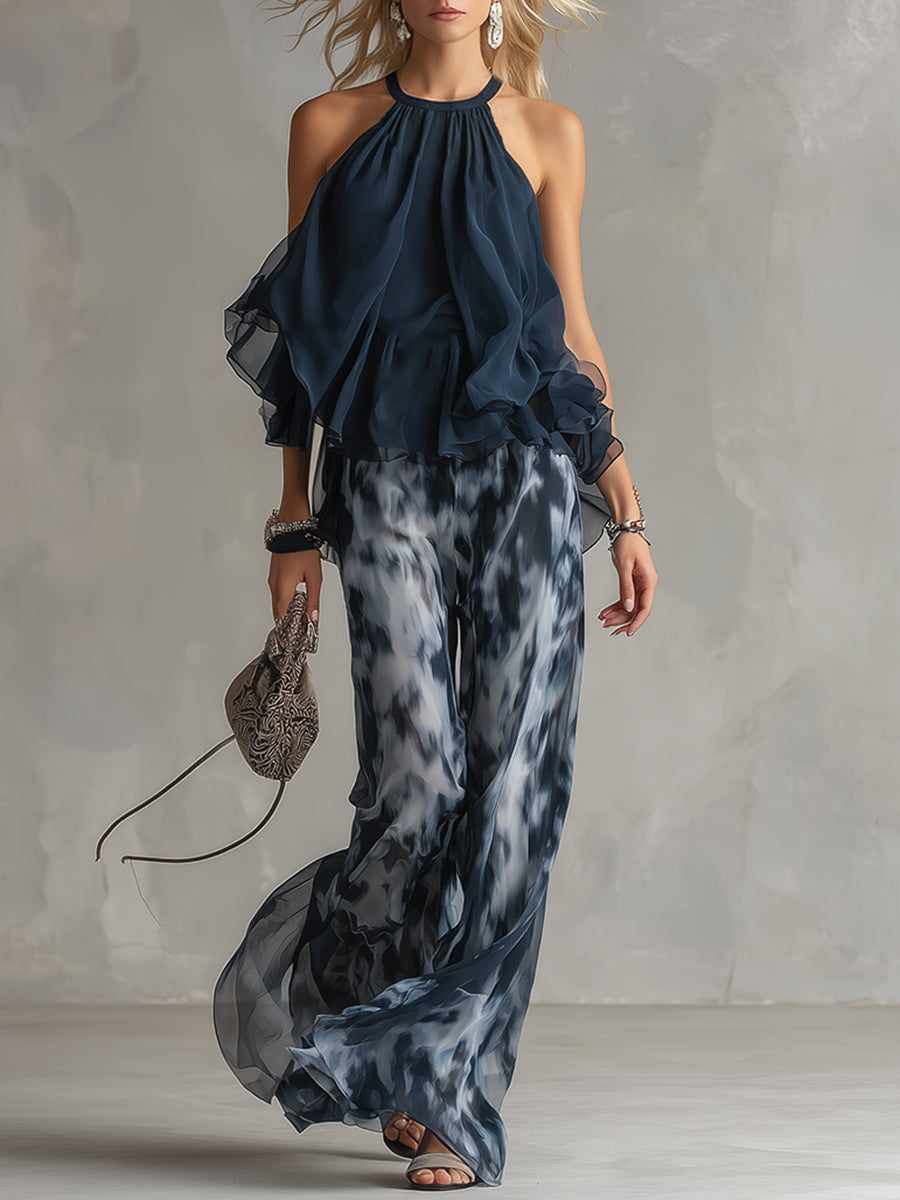 Isolde | elegante Chiffon-Bluse mit hohem Kragen und bedruckten weiten Hosen