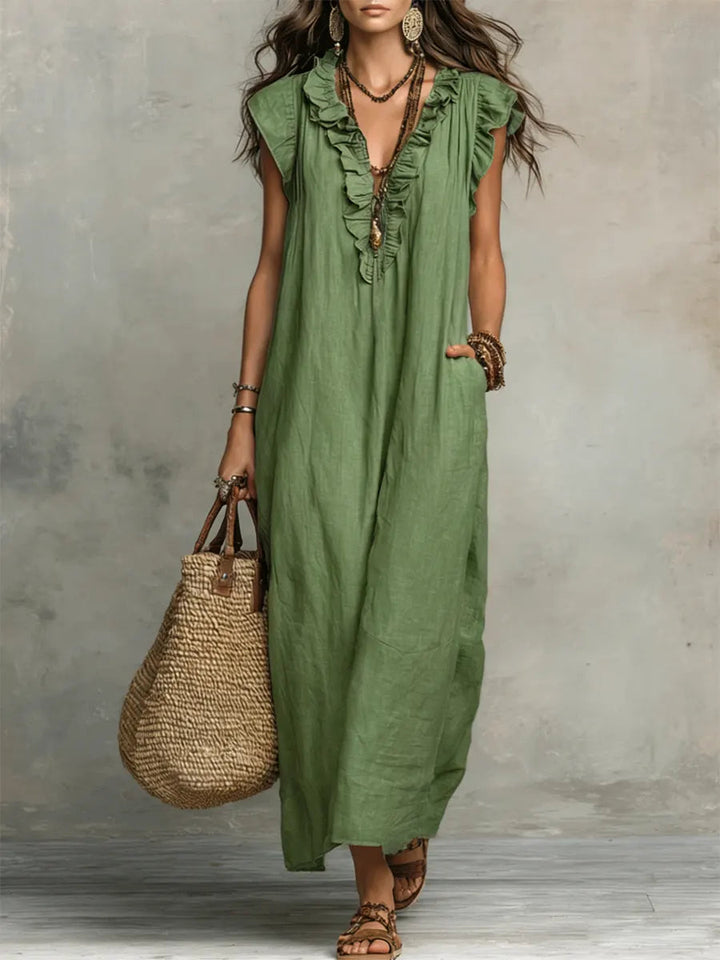 Hadira | Freizeitkleid aus Baumwolle und Leinen mit Rüschen und künstlerischem Stil