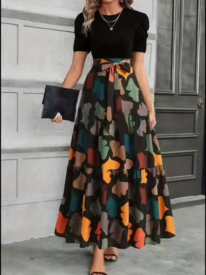 Vanya | Elegantes Midi-Kleid mit geometrischem Muster und Puffärmeln