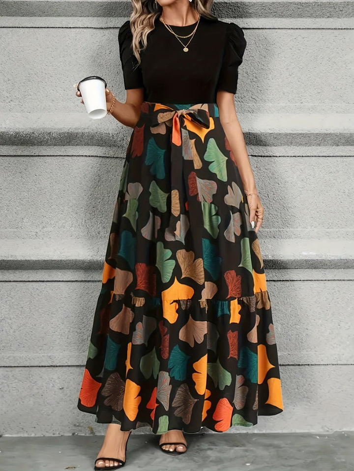 Vanya | Elegantes Midi-Kleid mit geometrischem Muster und Puffärmeln