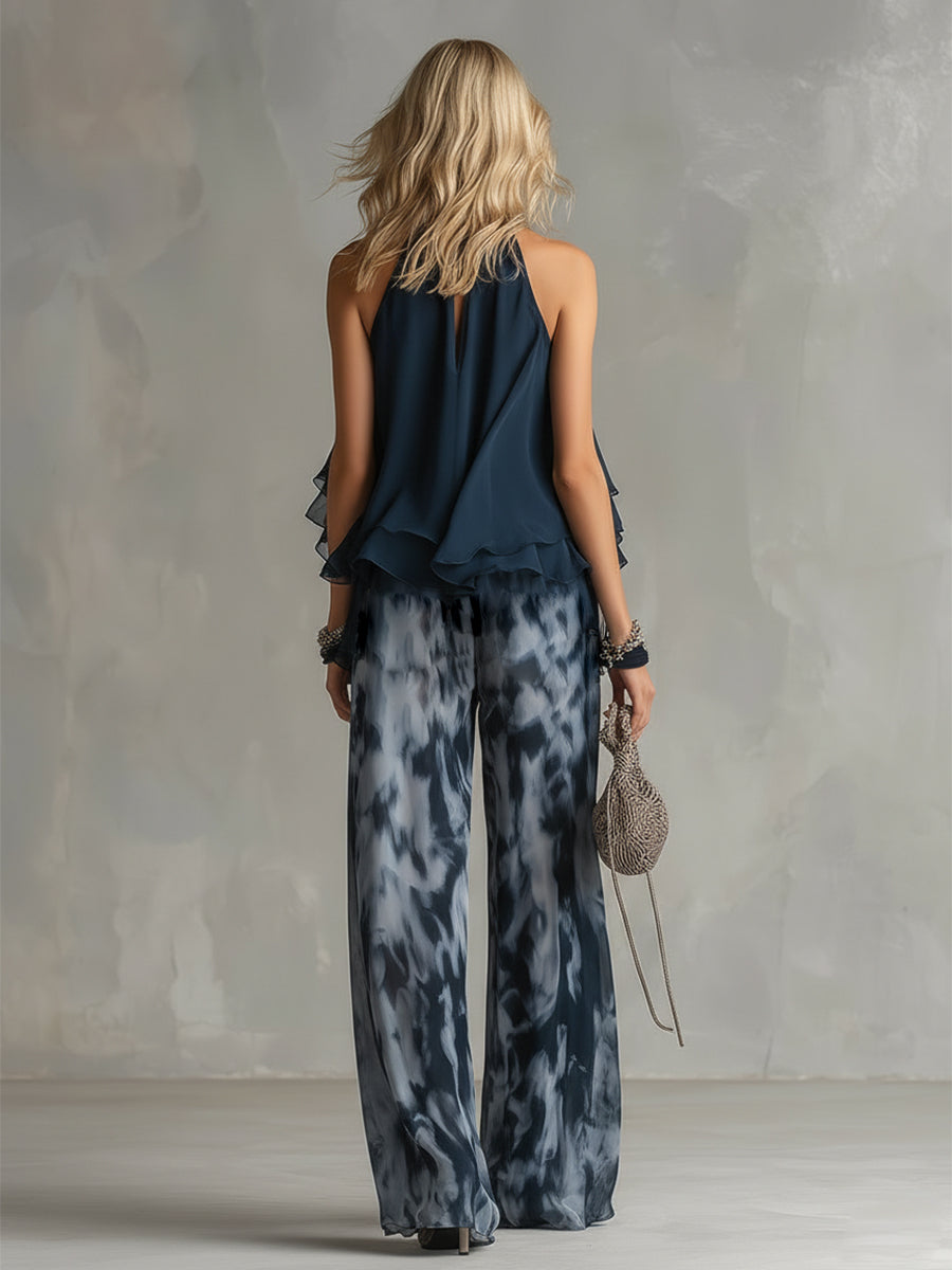 Isolde | elegante Chiffon-Bluse mit hohem Kragen und bedruckten weiten Hosen