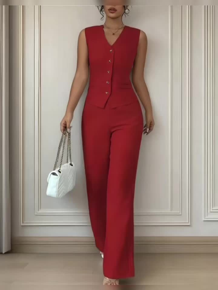 Malia | Elegantes Set aus Weste mit V-Ausschnitt und geraden Hosen
