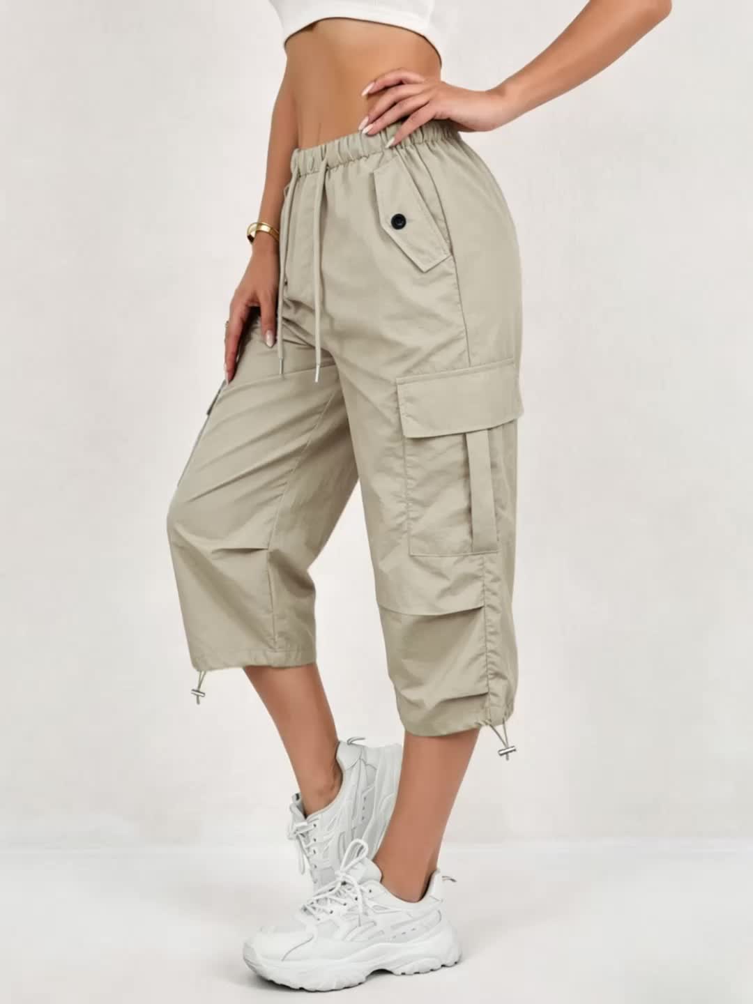 Mireille | Damen Capri Cargo-Hosen aus schnelltrocknendem Material mit elastischem Bund und Kordelzug - Leicht und elastisch, geeignet für - Outdoor-Hosen, Multifunktionshosen, Maschinenwaschbar, lockere Passform in mittellanger Länge für Reisen, Freizeit
