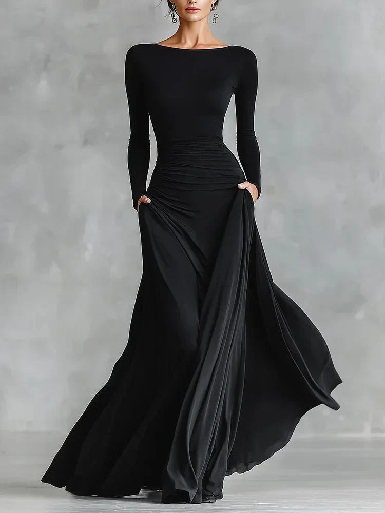Kaitlyn | Langärmliges, gerafftes Maxikleid