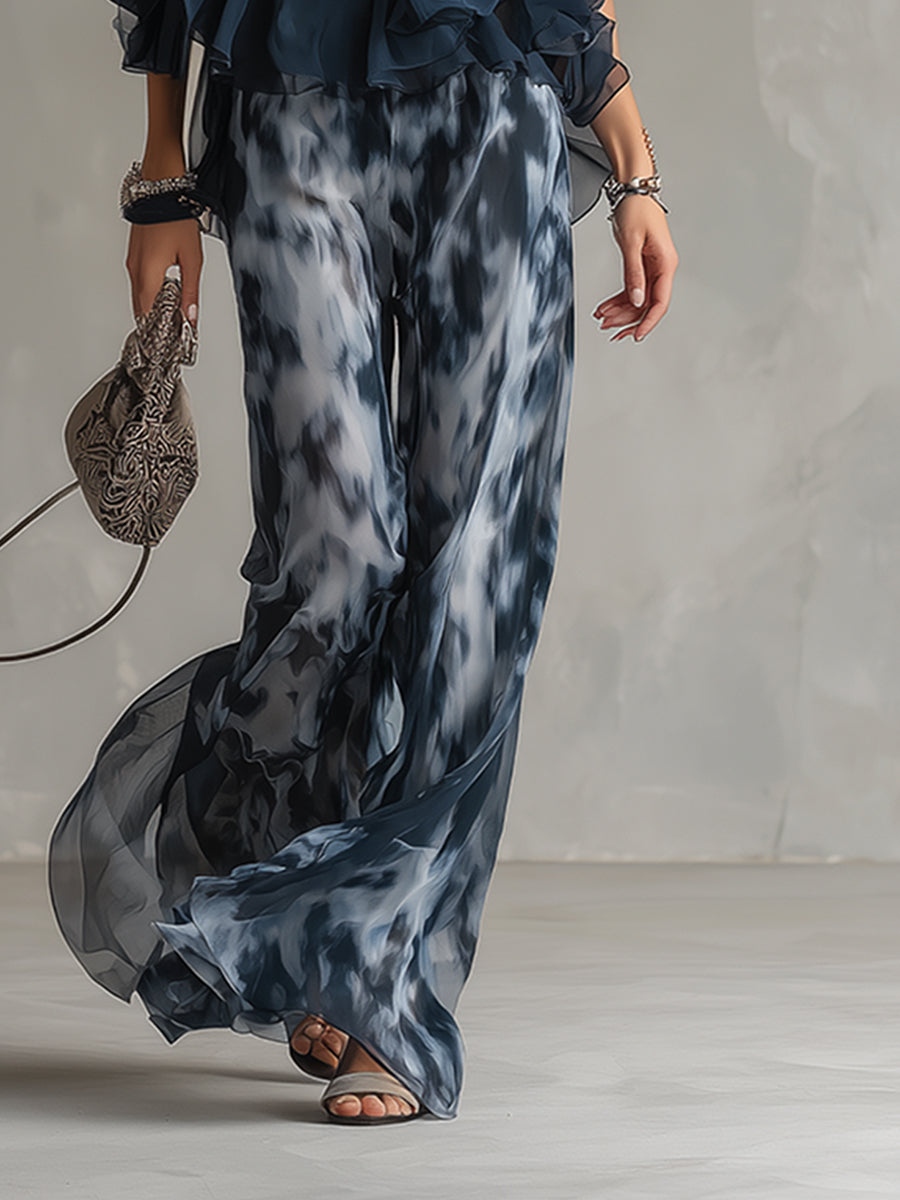 Isolde | elegante Chiffon-Bluse mit hohem Kragen und bedruckten weiten Hosen