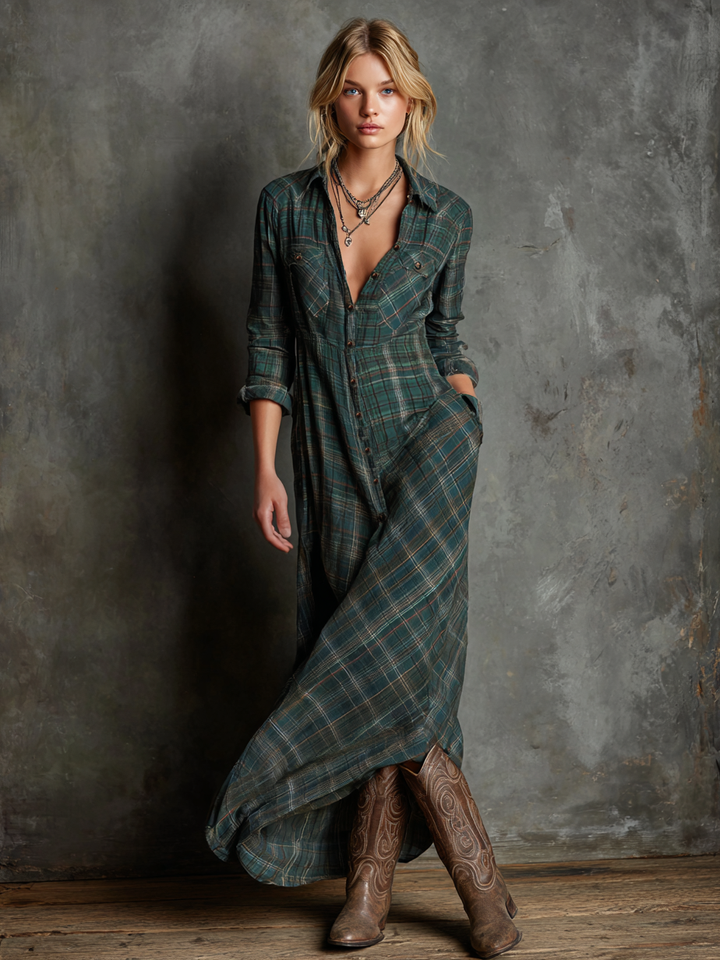 Blayra | Maxikleid aus kariertem Hemdenstoff mit Revers für Frauen