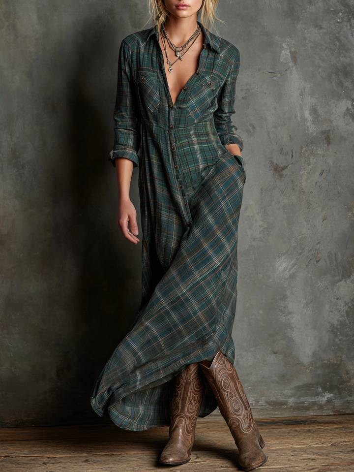Blayra | Maxikleid aus kariertem Hemdenstoff mit Revers für Frauen