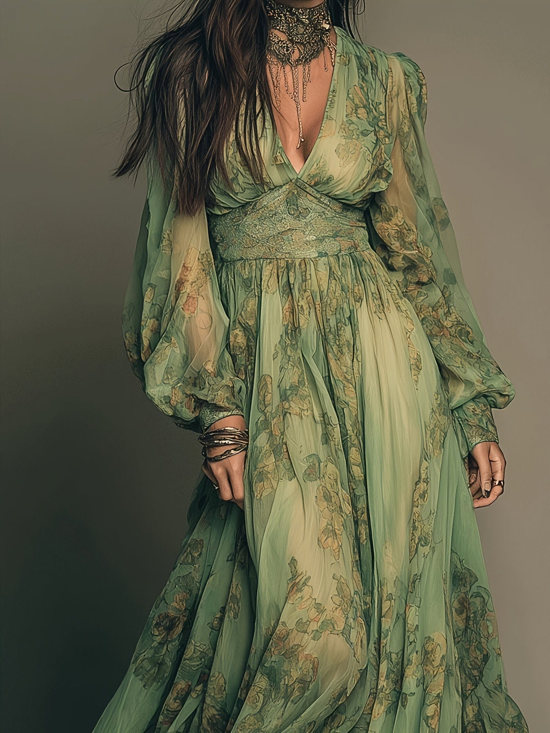 Amanda | Maxikleid mit floralen Boho-Muster, Rüschen und vintage Charme