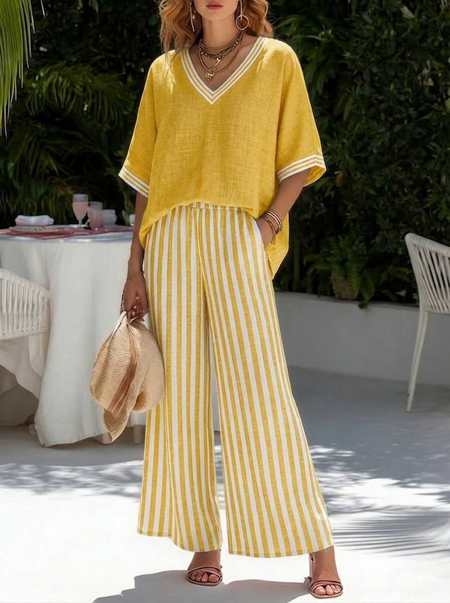 Lilibet | Gestreiftes Fließendes Bluse und Weithosen-Set