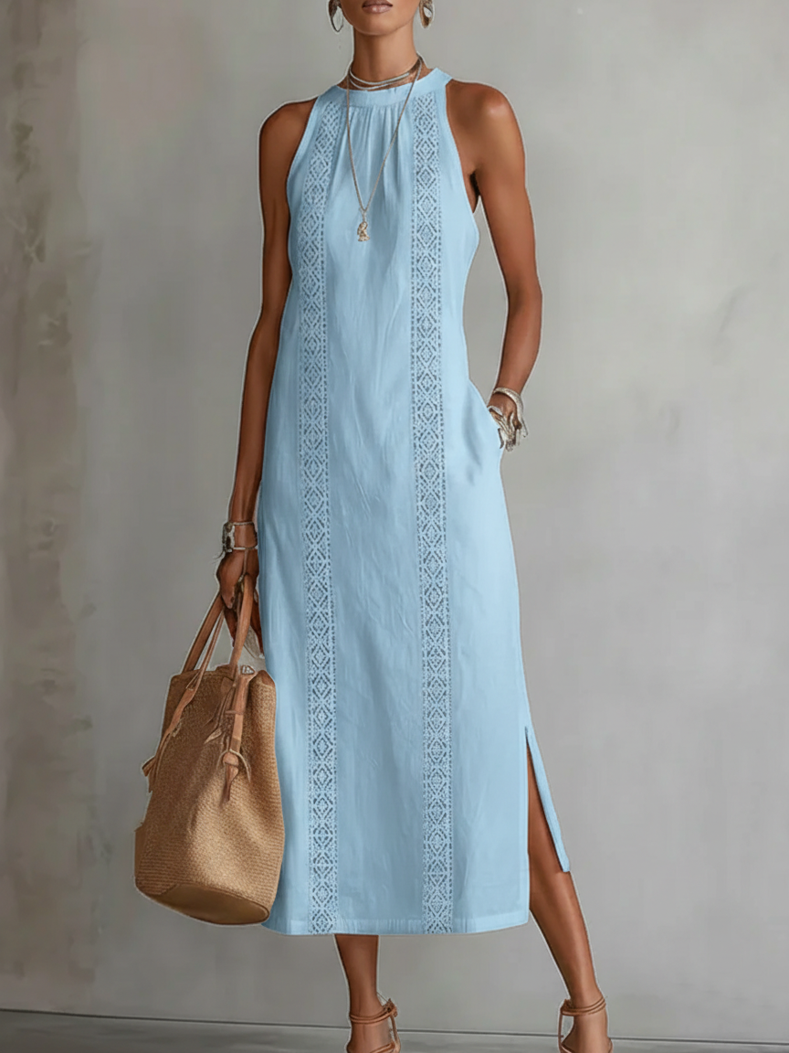 Sovelle | Midi-Leinenkleid mit Mao-Kragen und natürlichem Stil